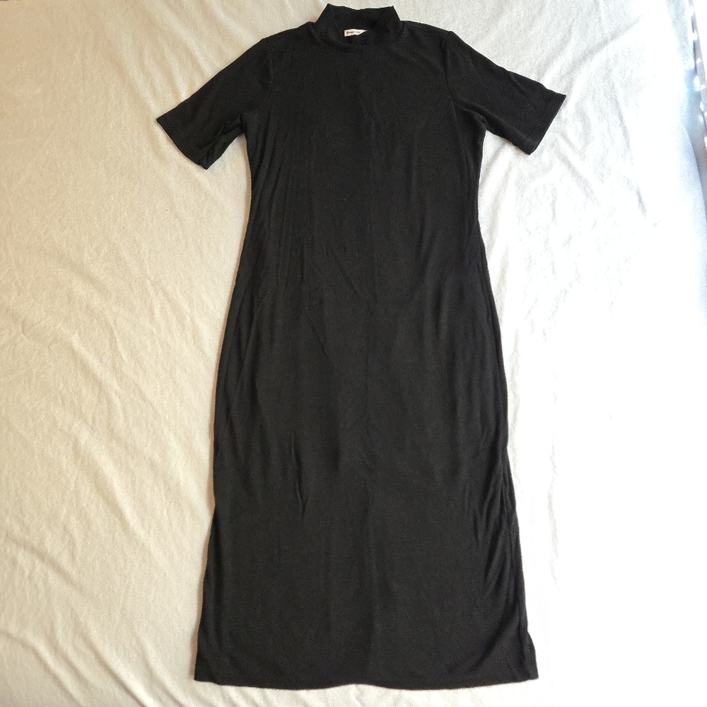 Marine Layer Black Lexi Rib Mock Neck Midi Dress Tencel Short Sleeve Fall - Picture 2 of 13